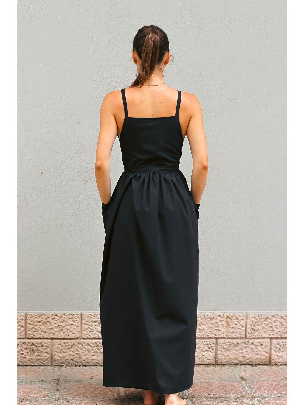 Siyah Keten Free Size Venüs Elbise-3