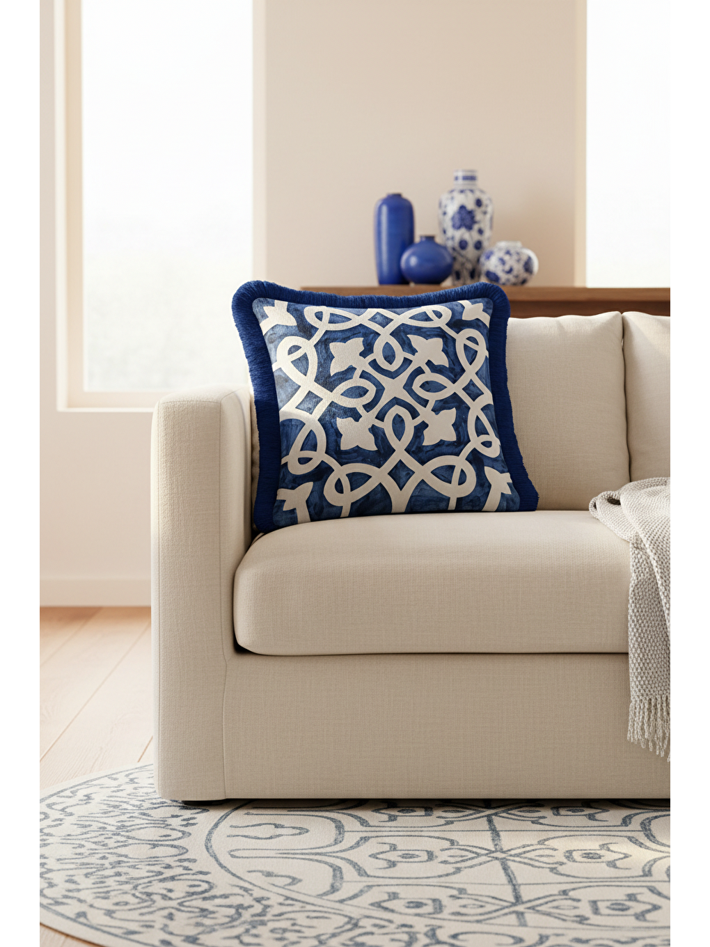 Karışık Lüks Geometrik Saçaklı Yastık Kılıfı - Kobalt Mavi Akdeniz Etnik Püsküllü Kırlent Kılıfı