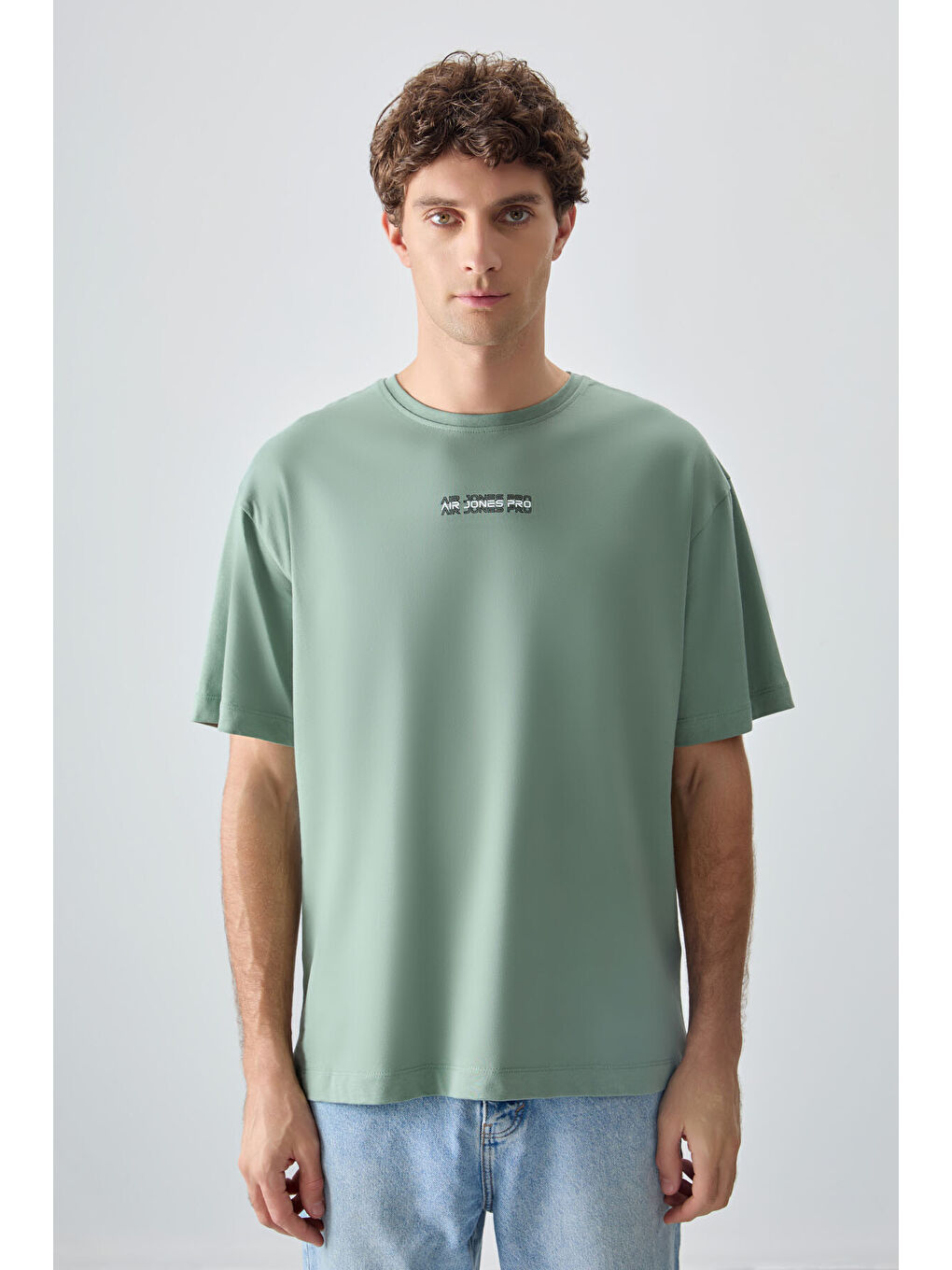 Açık Yeşil %100 Pamuk Kalın Yumuşak Dokulu Oversize Fit Baskılı Erkek Tişört -88354-3