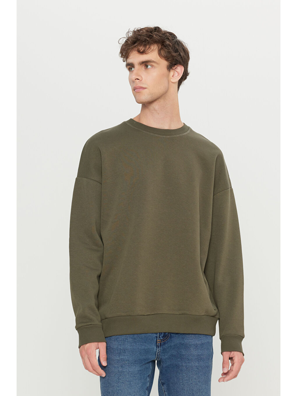 Erkek Haki Oversize Fit Bol Kesim Pamuklu İçi Polarlı Bisiklet Yaka Sweatshirt