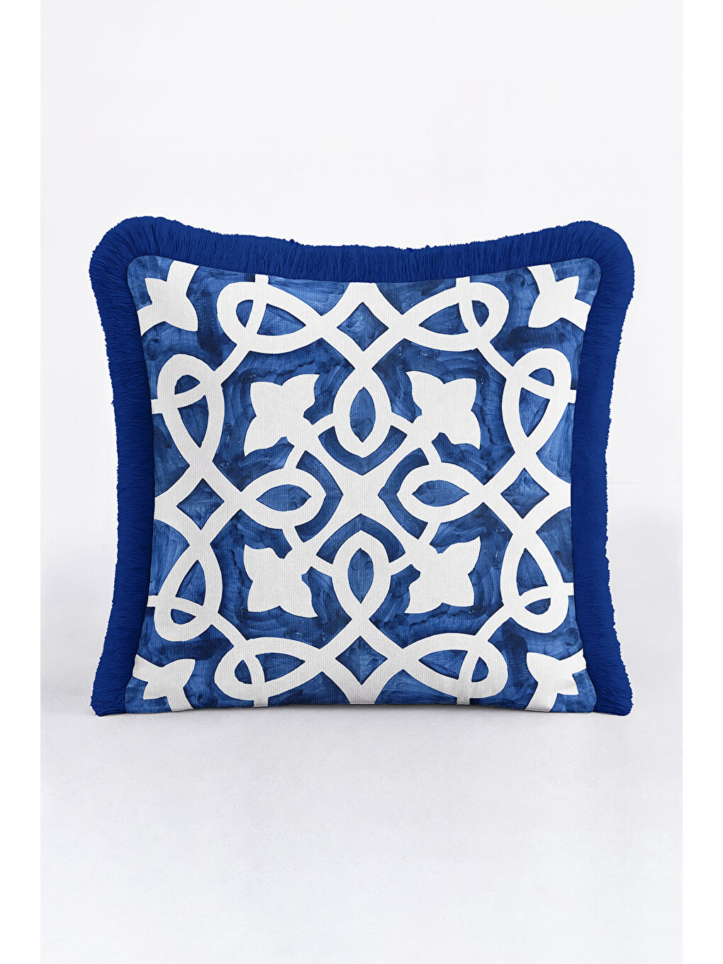 Karışık Lüks Geometrik Saçaklı Yastık Kılıfı - Kobalt Mavi Akdeniz Etnik Püsküllü Kırlent Kılıfı-2