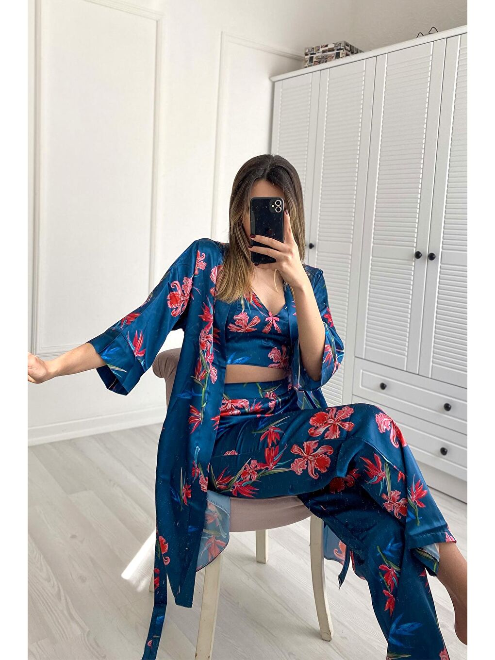 045 Kadın Desenli 3 Lü Saten Pijama Takım Turkuaz-1