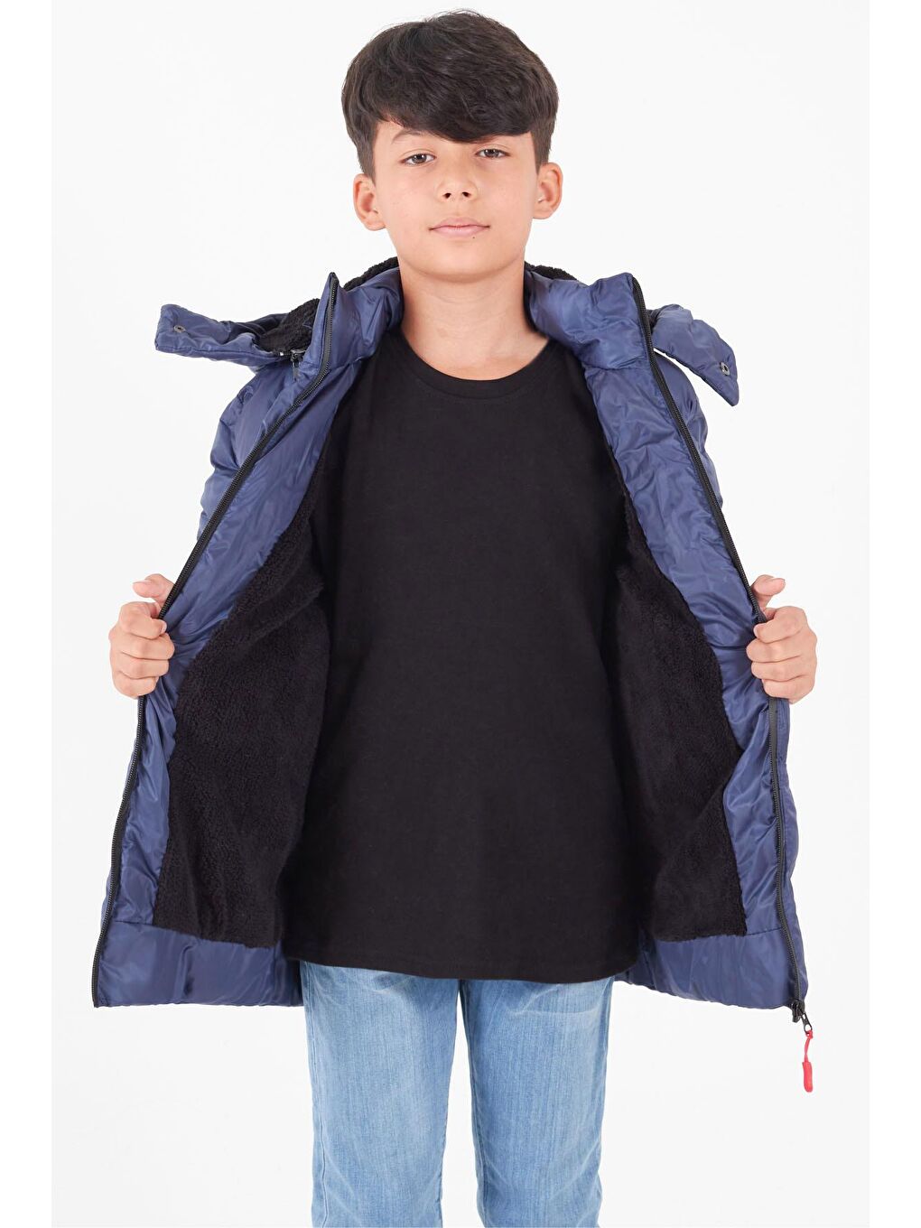Mavi Erkek Çocuk Mont Çapraz Baskılı Kapüşonlu Şişme Mont 14539