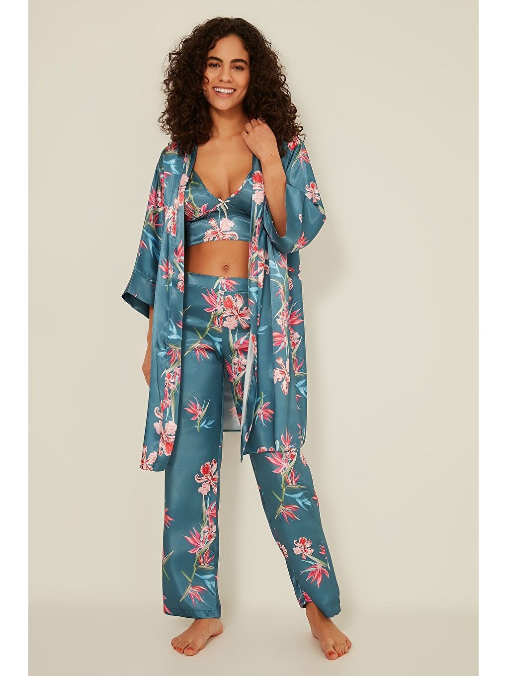 045 Kadın Desenli 3 Lü Saten Pijama Takım Turkuaz-2