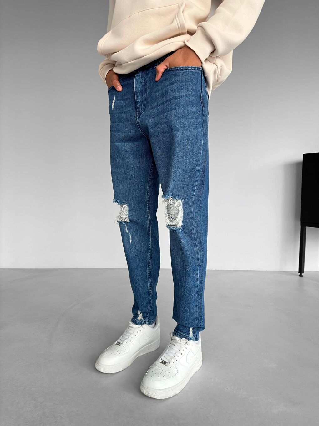 Erkek Boyfriend Kalıp Yıpratılmış Jean Pantolon Koyu Mavi-1