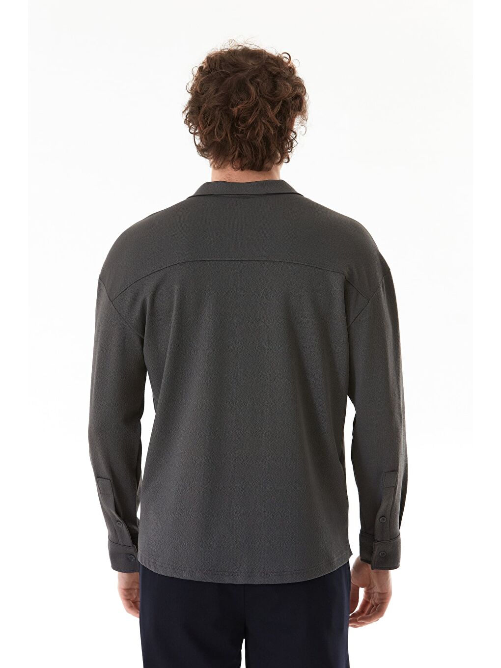 Gri Basic Düğmeli Elastanlı Gömlek-3