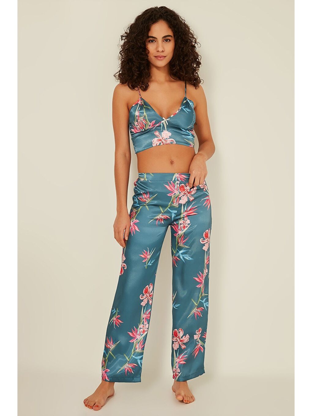 045 Kadın Desenli 3 Lü Saten Pijama Takım Turkuaz-6