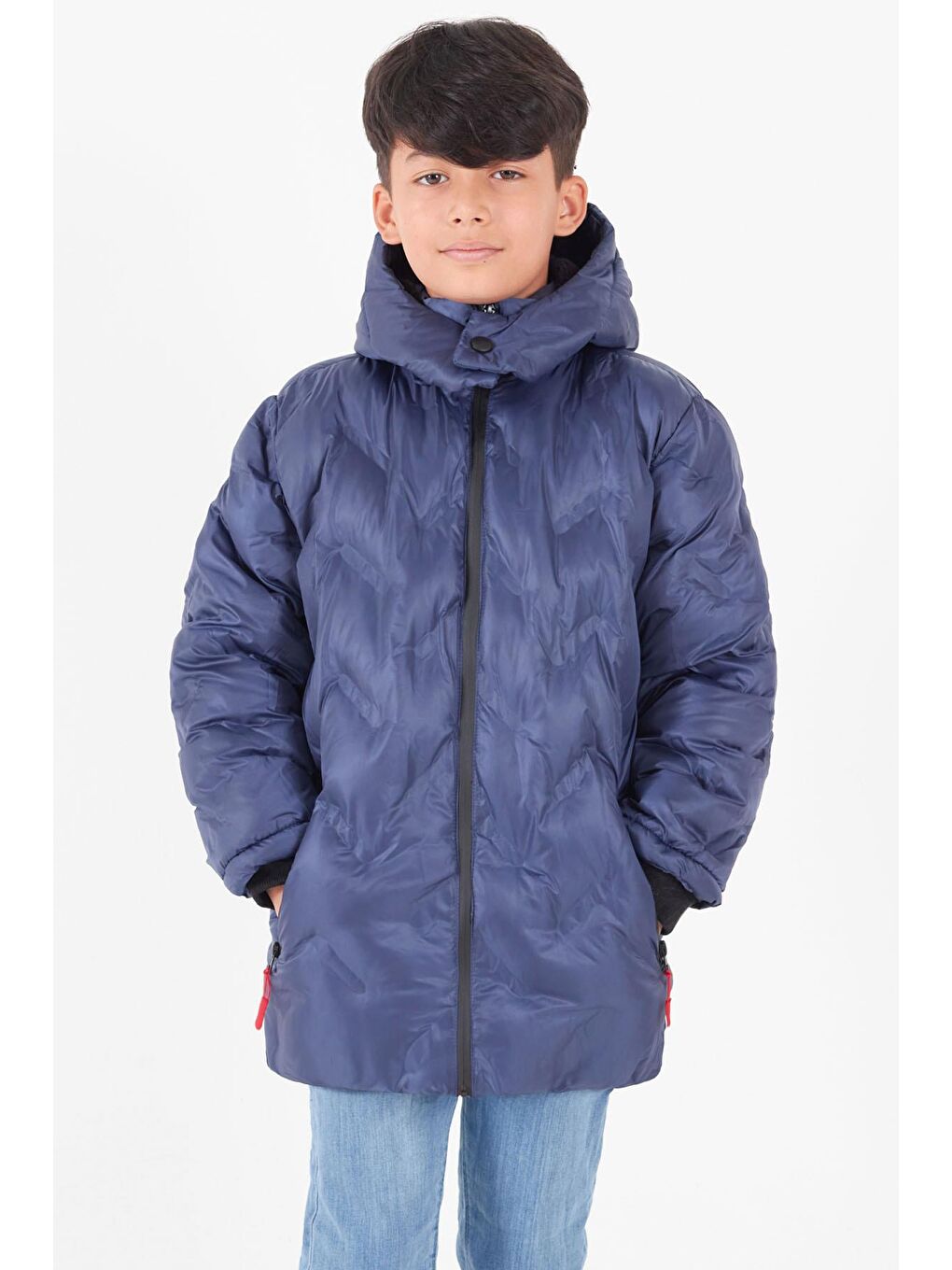 Mavi Erkek Çocuk Mont Çapraz Baskılı Kapüşonlu Şişme Mont 14539-1
