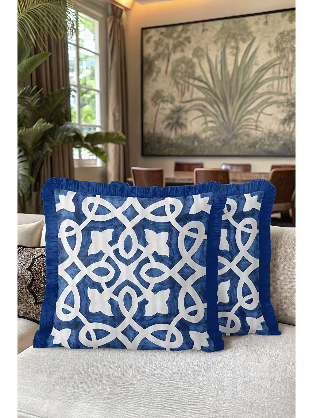 Karışık Lüks Geometrik Saçaklı Yastık Kılıfı - Kobalt Mavi Akdeniz Etnik Püsküllü Kırlent Kılıfı-5