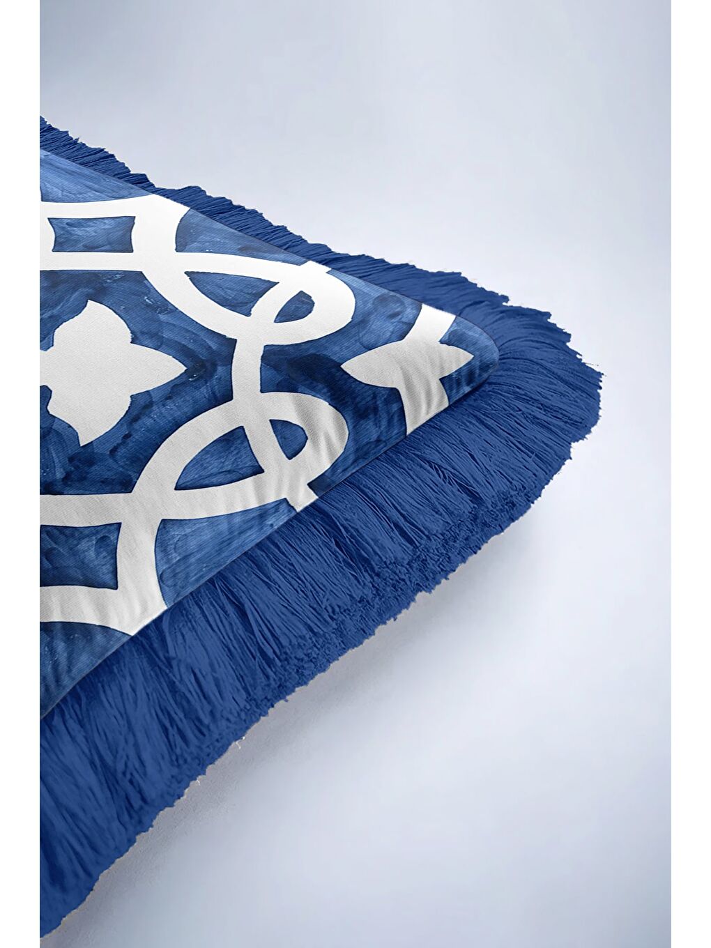 Karışık Lüks Geometrik Saçaklı Yastık Kılıfı - Kobalt Mavi Akdeniz Etnik Püsküllü Kırlent Kılıfı-6