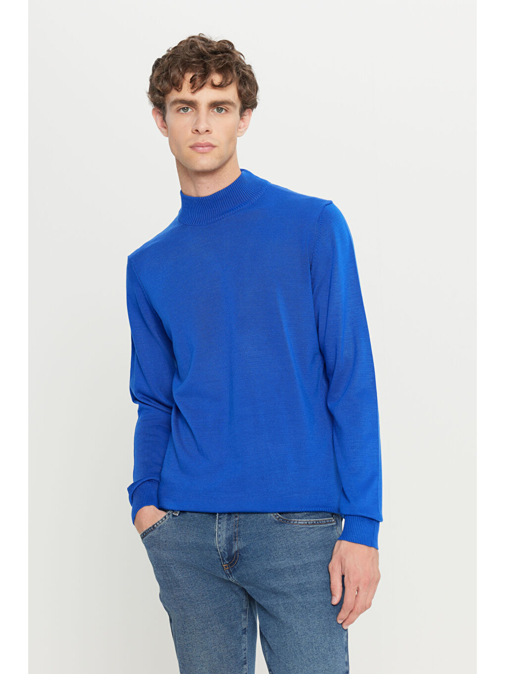 Mavi Erkek Saks Tüylenme Yapmayan Anti-Pilling Standart Fit Yarım Balıkçı Yaka Triko Kazak-2