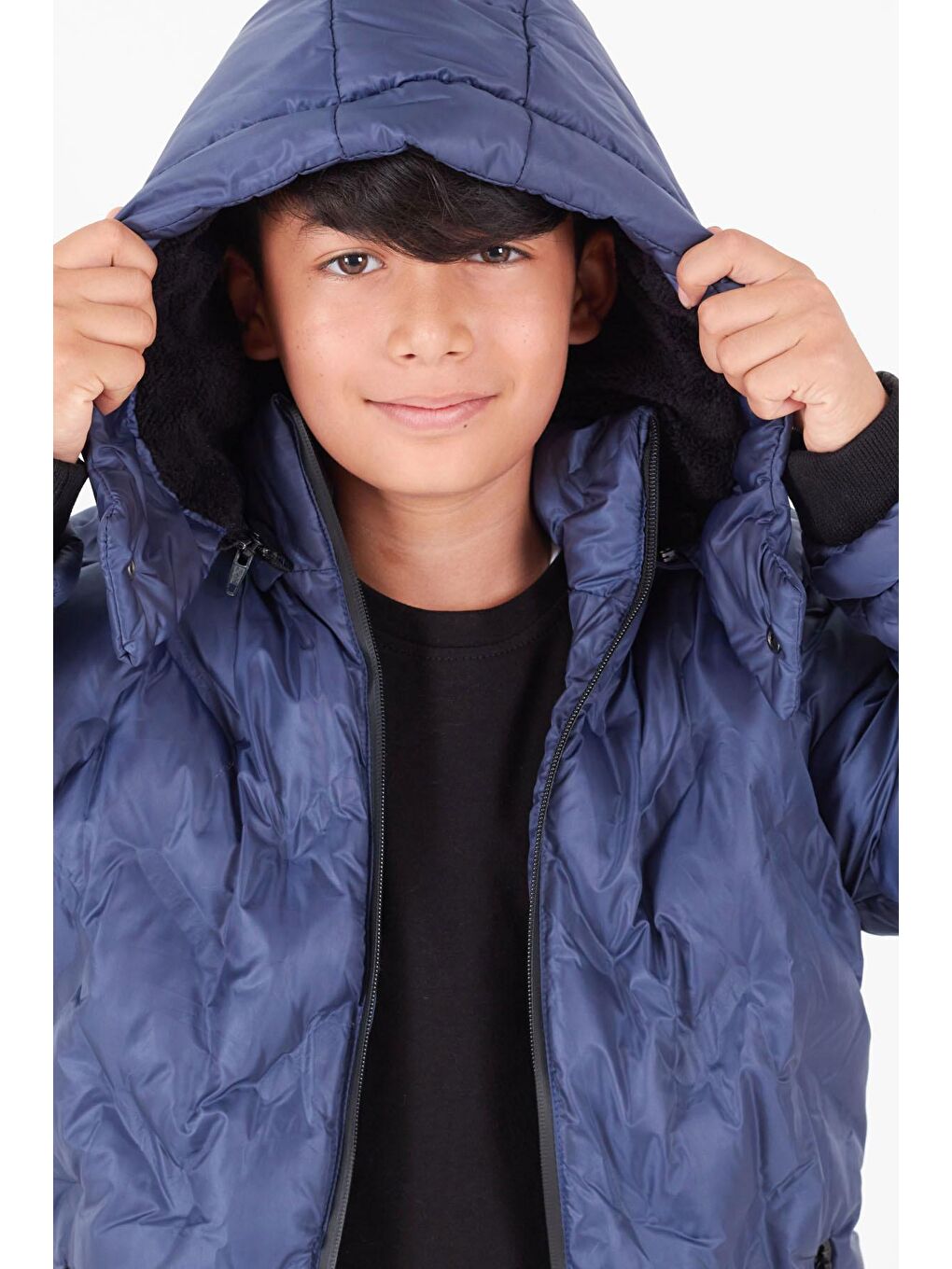 Mavi Erkek Çocuk Mont Çapraz Baskılı Kapüşonlu Şişme Mont 14539-2