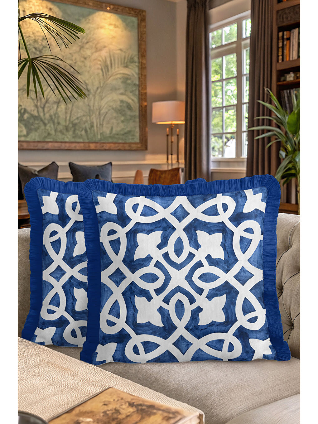 Karışık Lüks Geometrik Saçaklı Yastık Kılıfı - Kobalt Mavi Akdeniz Etnik Püsküllü Kırlent Kılıfı-7