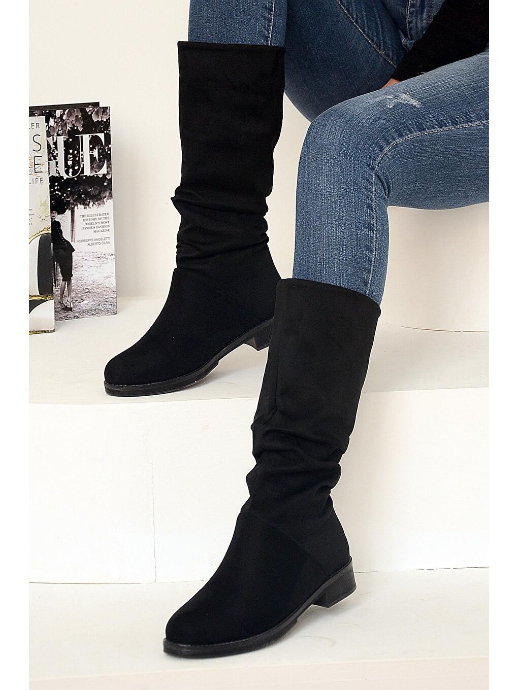 Sıcak Astar Rahat Kalıp Büzgülü Kadın Çizme  A112-20Siyah Süet-1