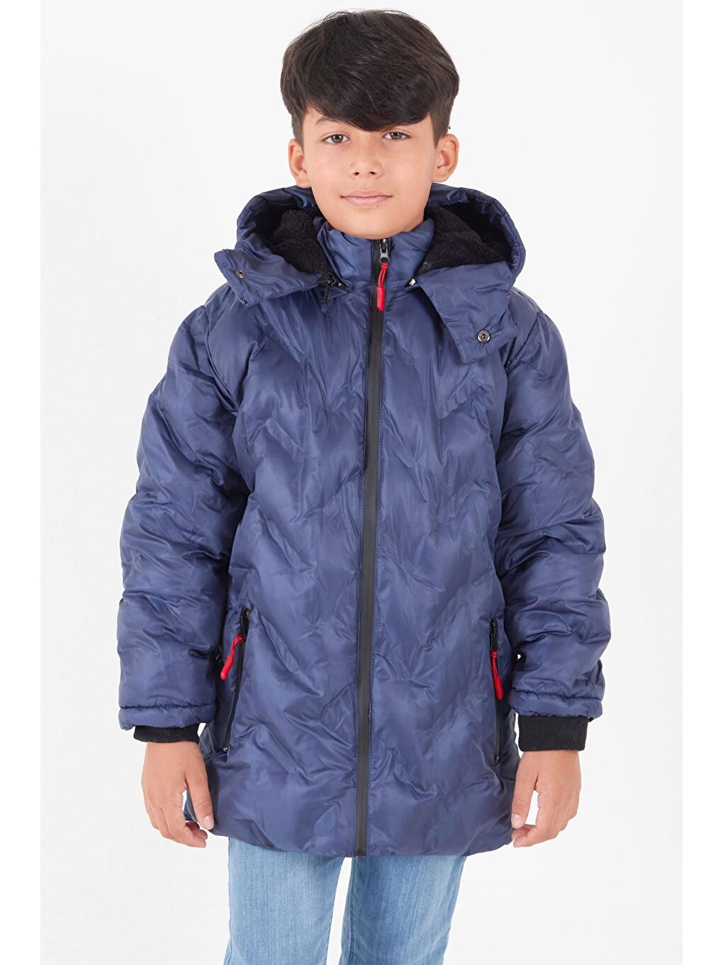 Mavi Erkek Çocuk Mont Çapraz Baskılı Kapüşonlu Şişme Mont 14539-3
