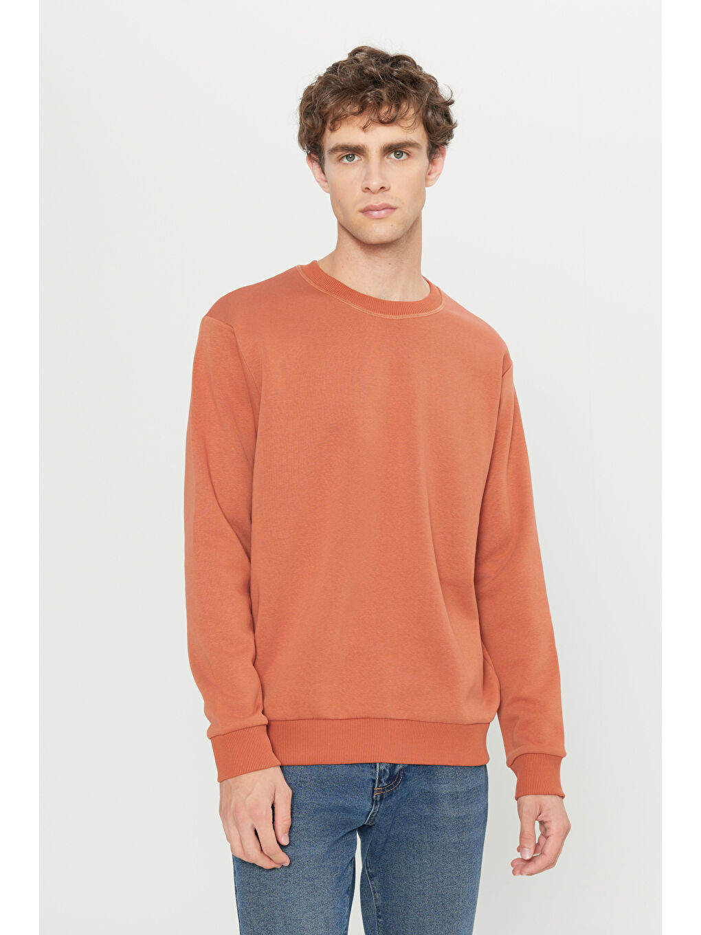 Kahverengi Erkek Açık Kahve Standart Fit Normal Kesim İçi Polarlı Bisiklet Yaka Sweatshirt-2