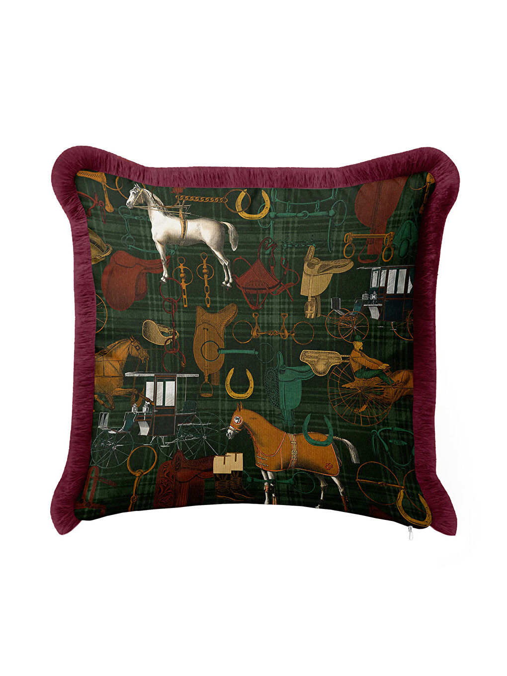 Karışık At Figürlü Saçaklı Yastık Kılıfı - Klasik Equestrian Rustik Yeşil Bordo Püsküllü Kırlent Kılıfı