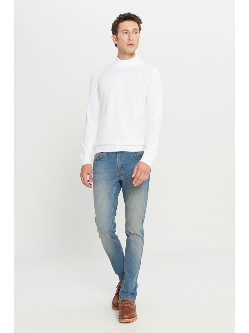 Erkek Ekru Tüylenme Yapmayan Anti-Pilling Standart Fit Yarım Balıkçı Yaka Triko Kazak-1