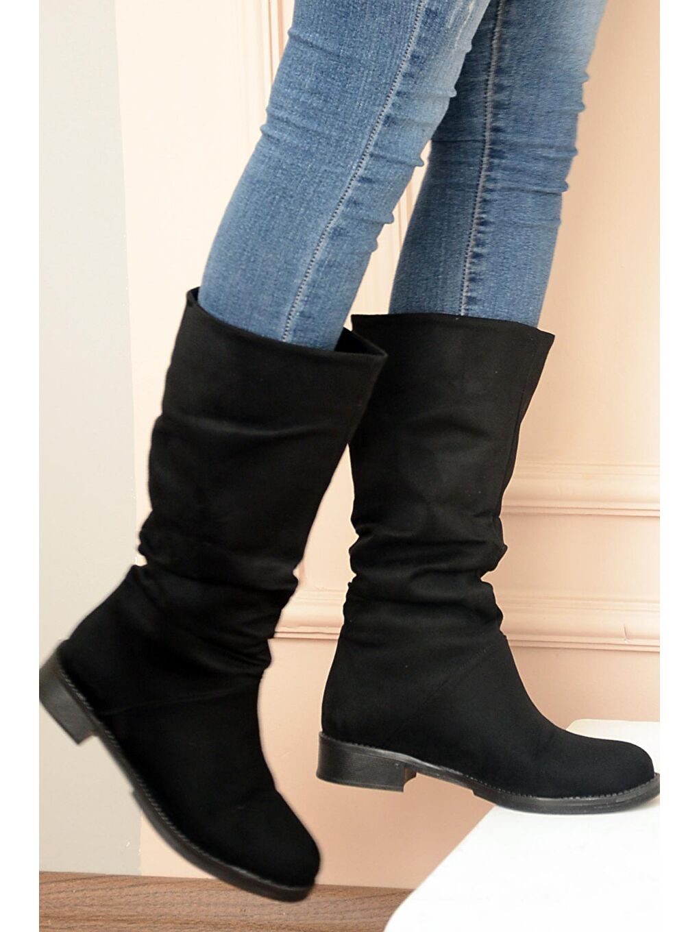 Sıcak Astar Rahat Kalıp Büzgülü Kadın Çizme  A112-20Siyah Süet-2