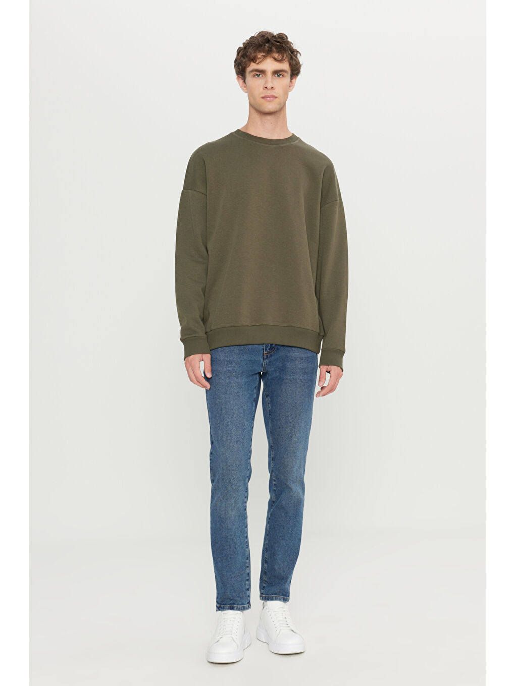 Erkek Haki Oversize Fit Bol Kesim Pamuklu İçi Polarlı Bisiklet Yaka Sweatshirt-1