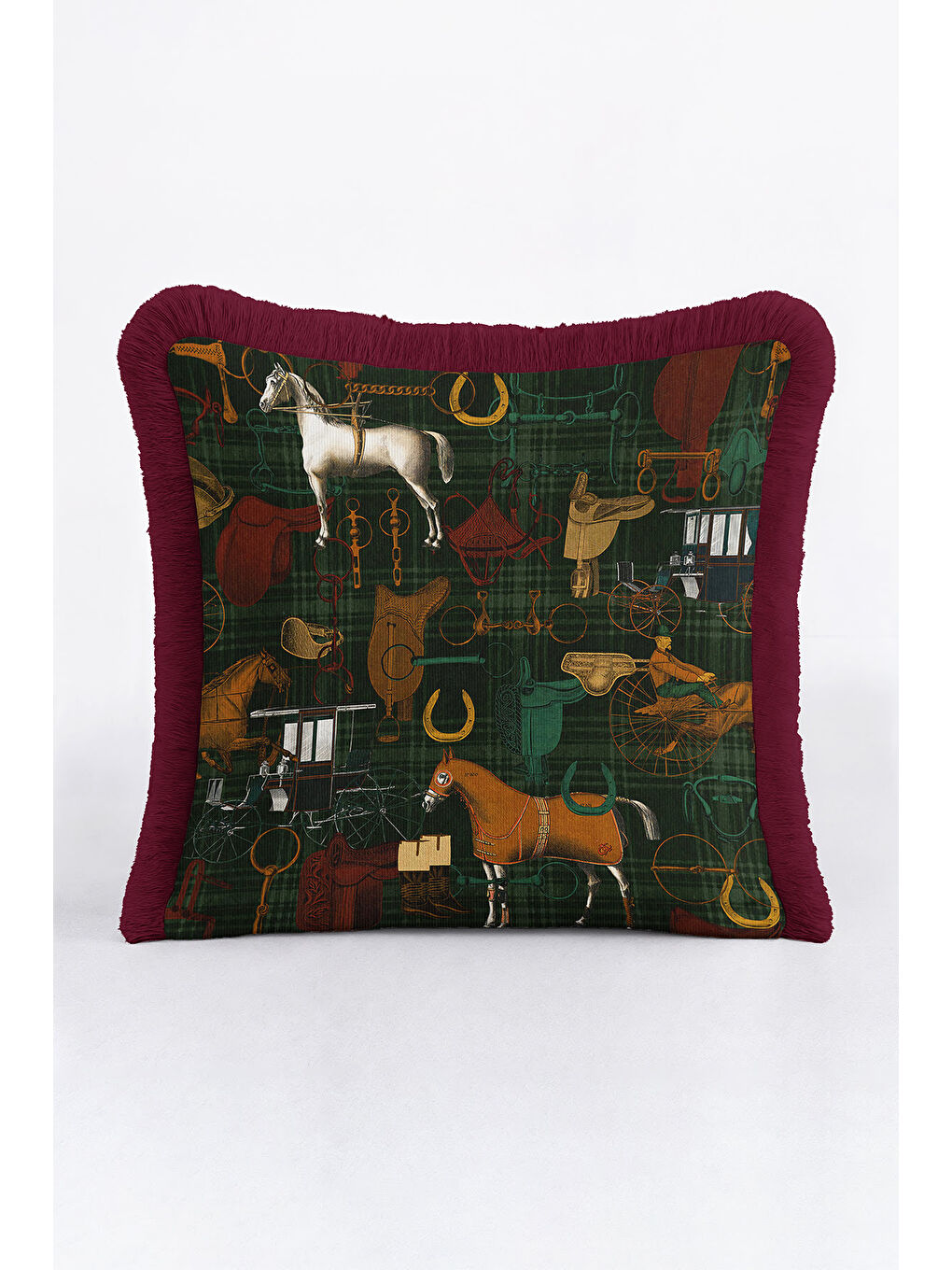 Karışık At Figürlü Saçaklı Yastık Kılıfı - Klasik Equestrian Rustik Yeşil Bordo Püsküllü Kırlent Kılıfı-1