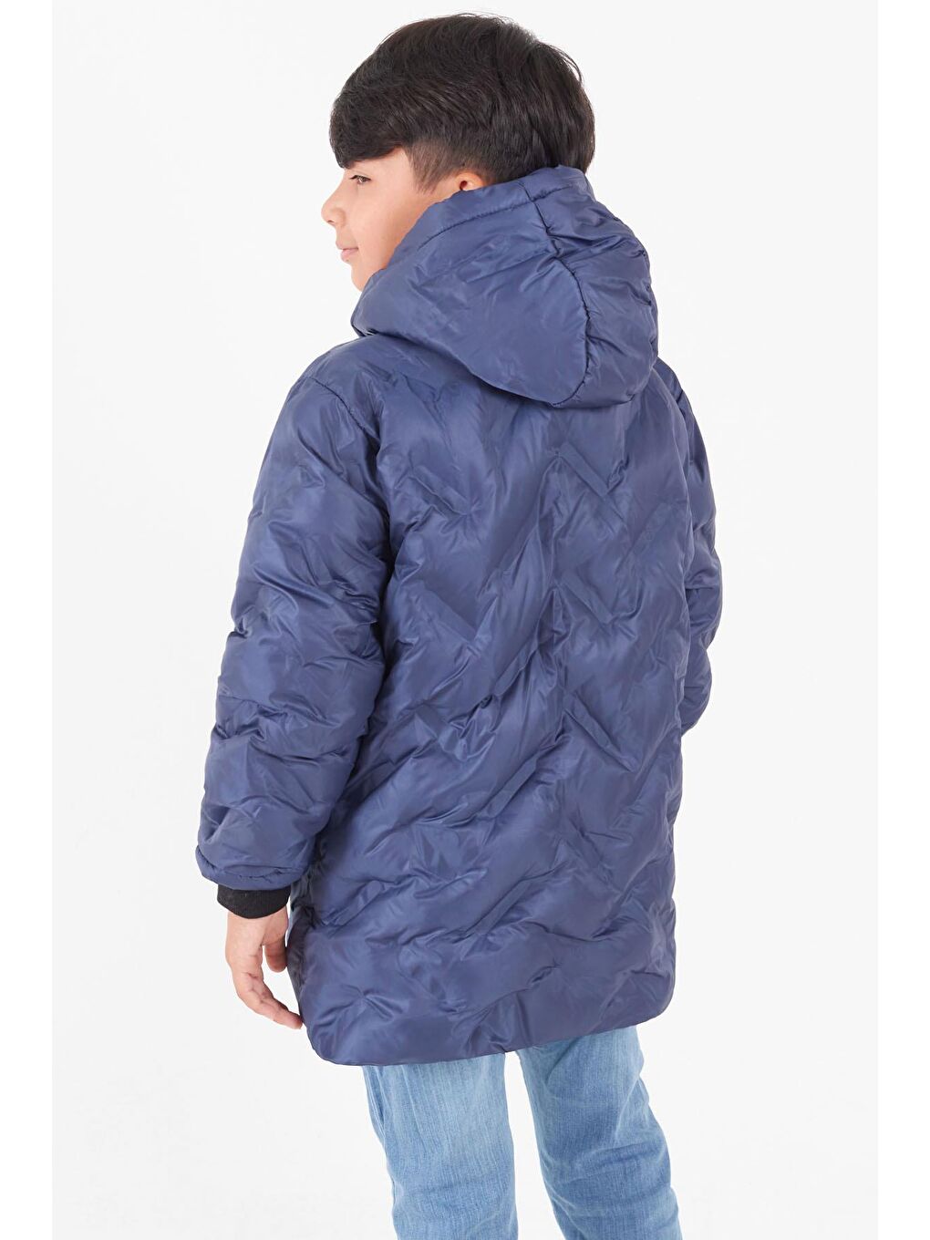 Mavi Erkek Çocuk Mont Çapraz Baskılı Kapüşonlu Şişme Mont 14539-4