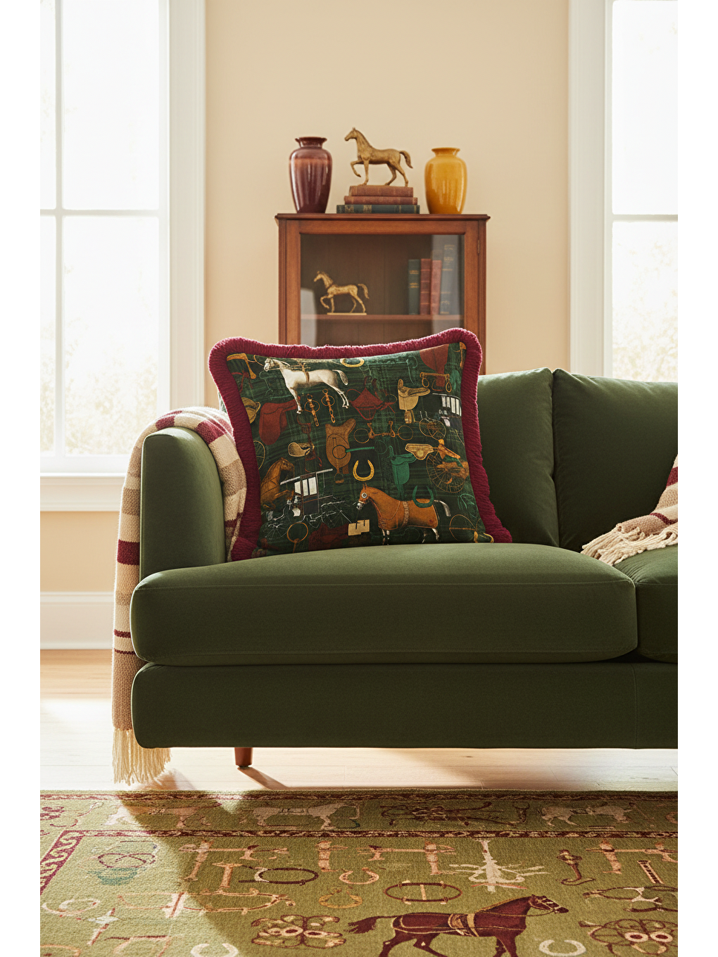 Karışık At Figürlü Saçaklı Yastık Kılıfı - Klasik Equestrian Rustik Yeşil Bordo Püsküllü Kırlent Kılıfı-2