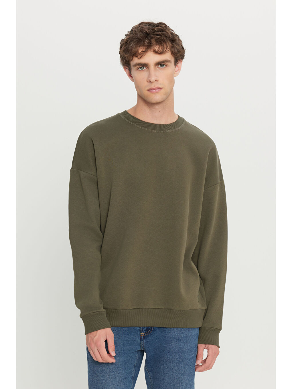 Erkek Haki Oversize Fit Bol Kesim Pamuklu İçi Polarlı Bisiklet Yaka Sweatshirt-2