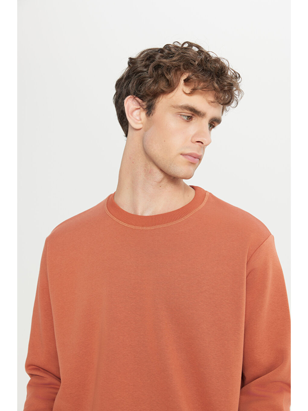 Kahverengi Erkek Açık Kahve Standart Fit Normal Kesim İçi Polarlı Bisiklet Yaka Sweatshirt-3