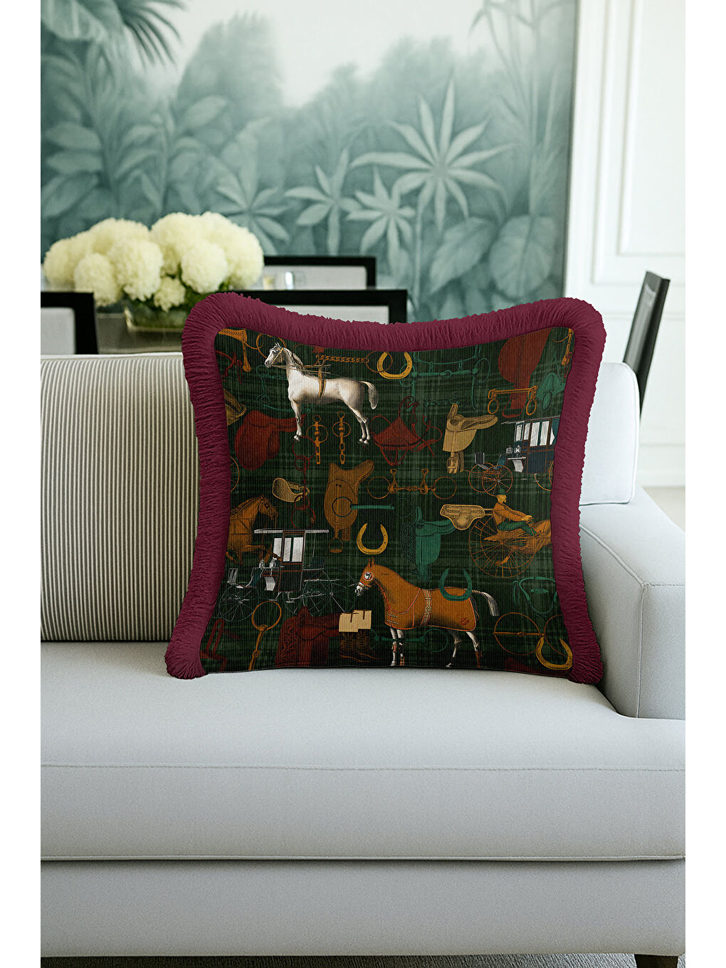 Karışık At Figürlü Saçaklı Yastık Kılıfı - Klasik Equestrian Rustik Yeşil Bordo Püsküllü Kırlent Kılıfı-3