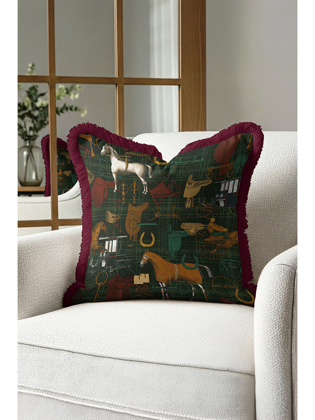 Karışık At Figürlü Saçaklı Yastık Kılıfı - Klasik Equestrian Rustik Yeşil Bordo Püsküllü Kırlent Kılıfı-4