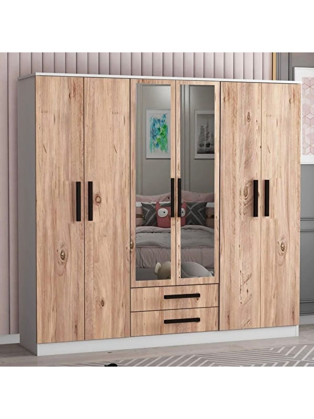 Kahverengi Deniz 6 Kapaklı 2 Çekmeceli Aynalı Gardırop - Atlantik Çam / Beyaz - 180x48x180 cm-2