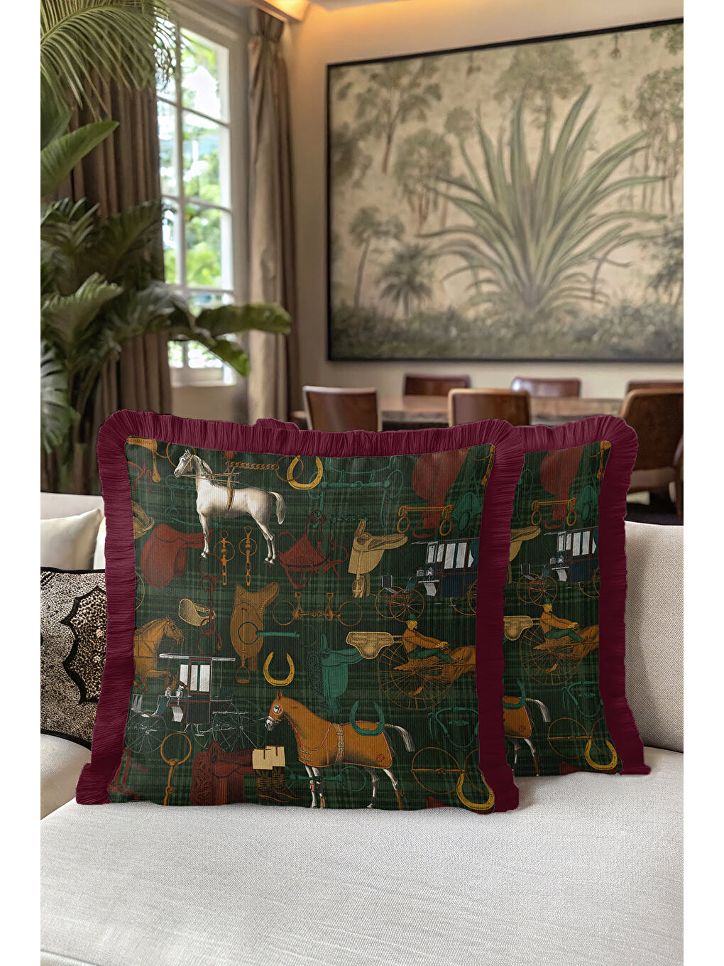 Karışık At Figürlü Saçaklı Yastık Kılıfı - Klasik Equestrian Rustik Yeşil Bordo Püsküllü Kırlent Kılıfı-5