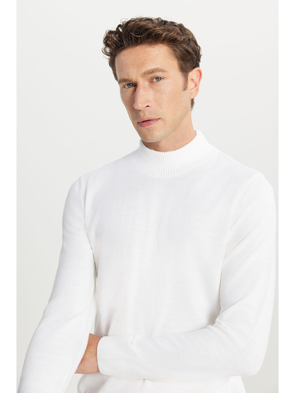 Erkek Ekru Tüylenme Yapmayan Anti-Pilling Standart Fit Yarım Balıkçı Yaka Triko Kazak-3