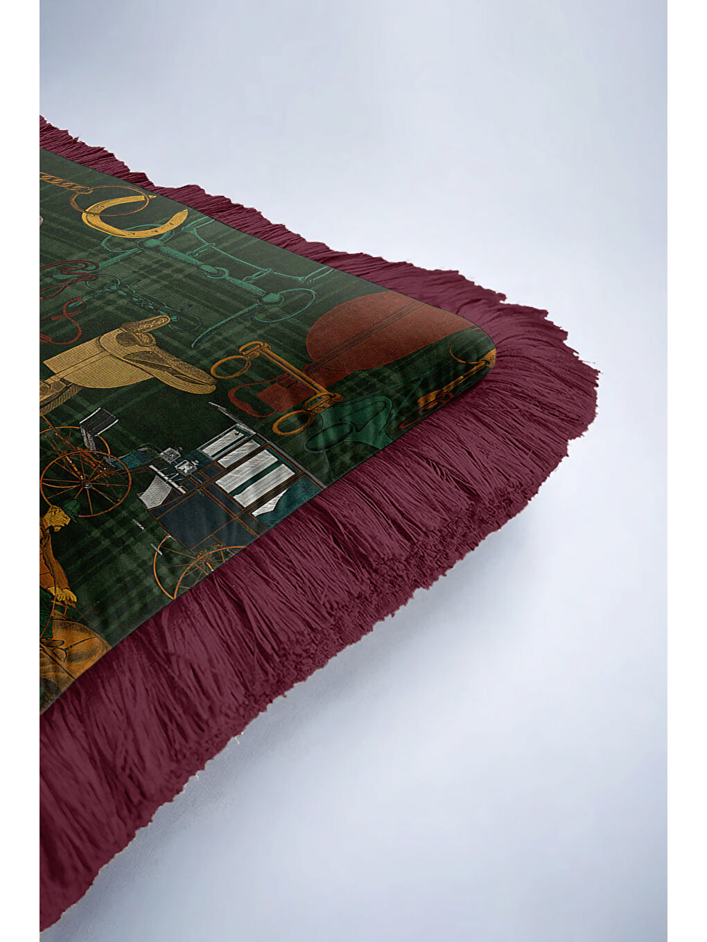 Karışık At Figürlü Saçaklı Yastık Kılıfı - Klasik Equestrian Rustik Yeşil Bordo Püsküllü Kırlent Kılıfı-6