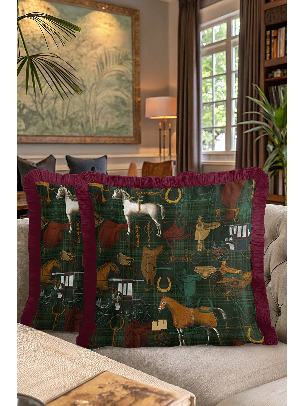 Karışık At Figürlü Saçaklı Yastık Kılıfı - Klasik Equestrian Rustik Yeşil Bordo Püsküllü Kırlent Kılıfı-7
