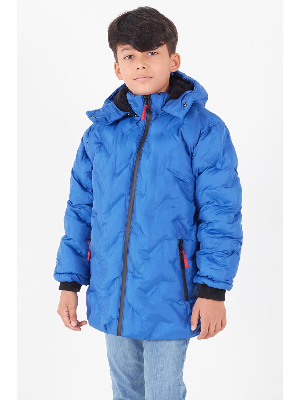 Mavi Erkek Çocuk Mont Çapraz Baskılı Kapüşonlu Şişme Mont 14539