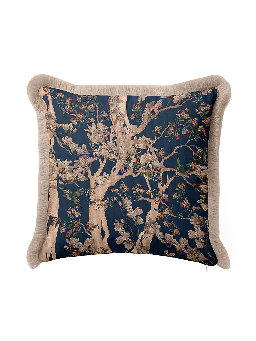 Karışık Lüks Çiçek Saçaklı Yastık Kılıfı - Sanatsal Doğa Temalı Klasik Lacivert Bej Püsküllü Kırlent Kılıfı