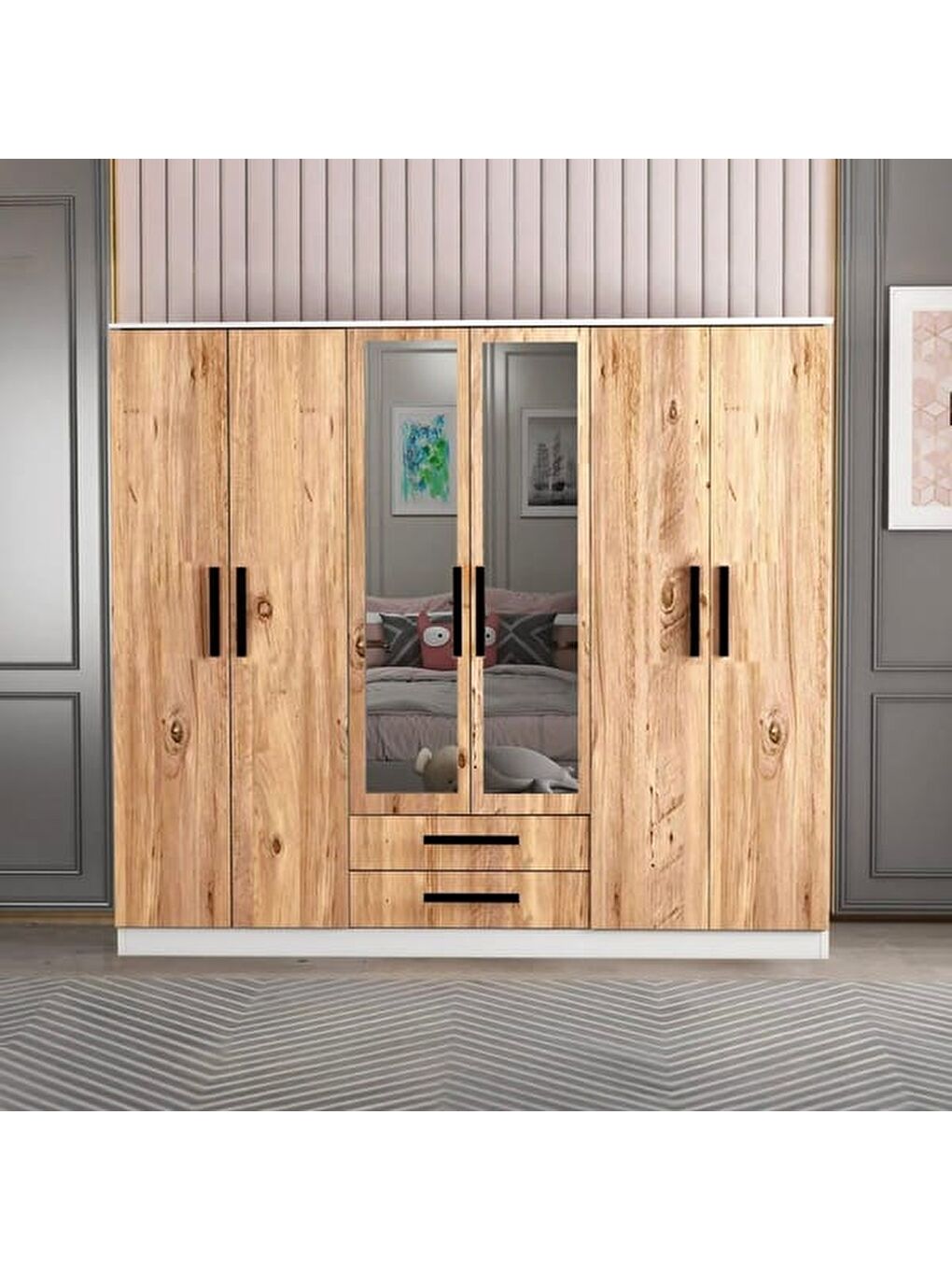 Kahverengi Deniz 6 Kapaklı 2 Çekmeceli Aynalı Gardırop - Atlantik Çam / Beyaz - 180x48x180 cm-5