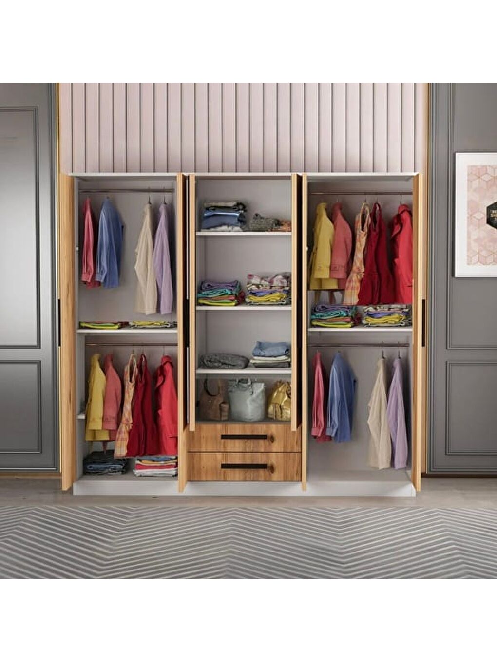 Kahverengi Deniz 6 Kapaklı 2 Çekmeceli Aynalı Gardırop - Atlantik Çam / Beyaz - 180x48x180 cm-6