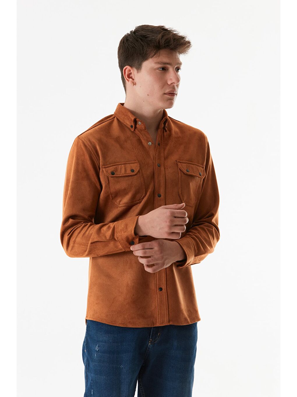Kahverengi Süet Çift Cepli Çıtçıtlı Gömlek-1