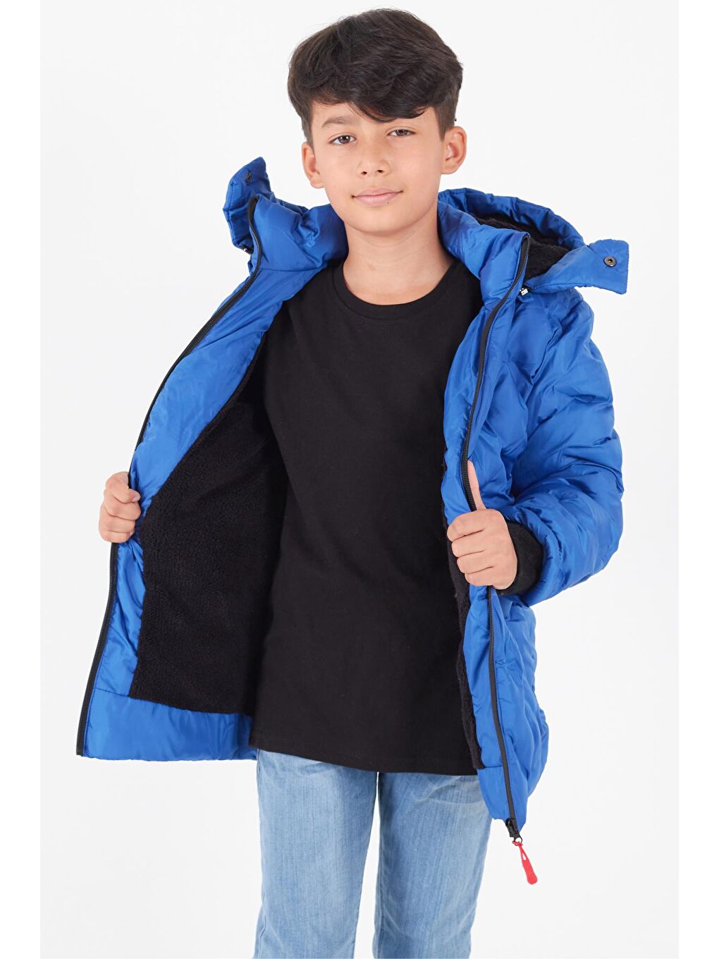 Mavi Erkek Çocuk Mont Çapraz Baskılı Kapüşonlu Şişme Mont 14539-1