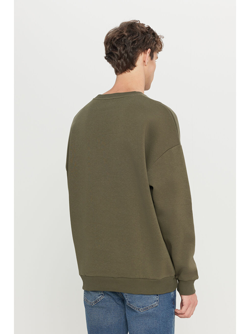 Erkek Haki Oversize Fit Bol Kesim Pamuklu İçi Polarlı Bisiklet Yaka Sweatshirt-4