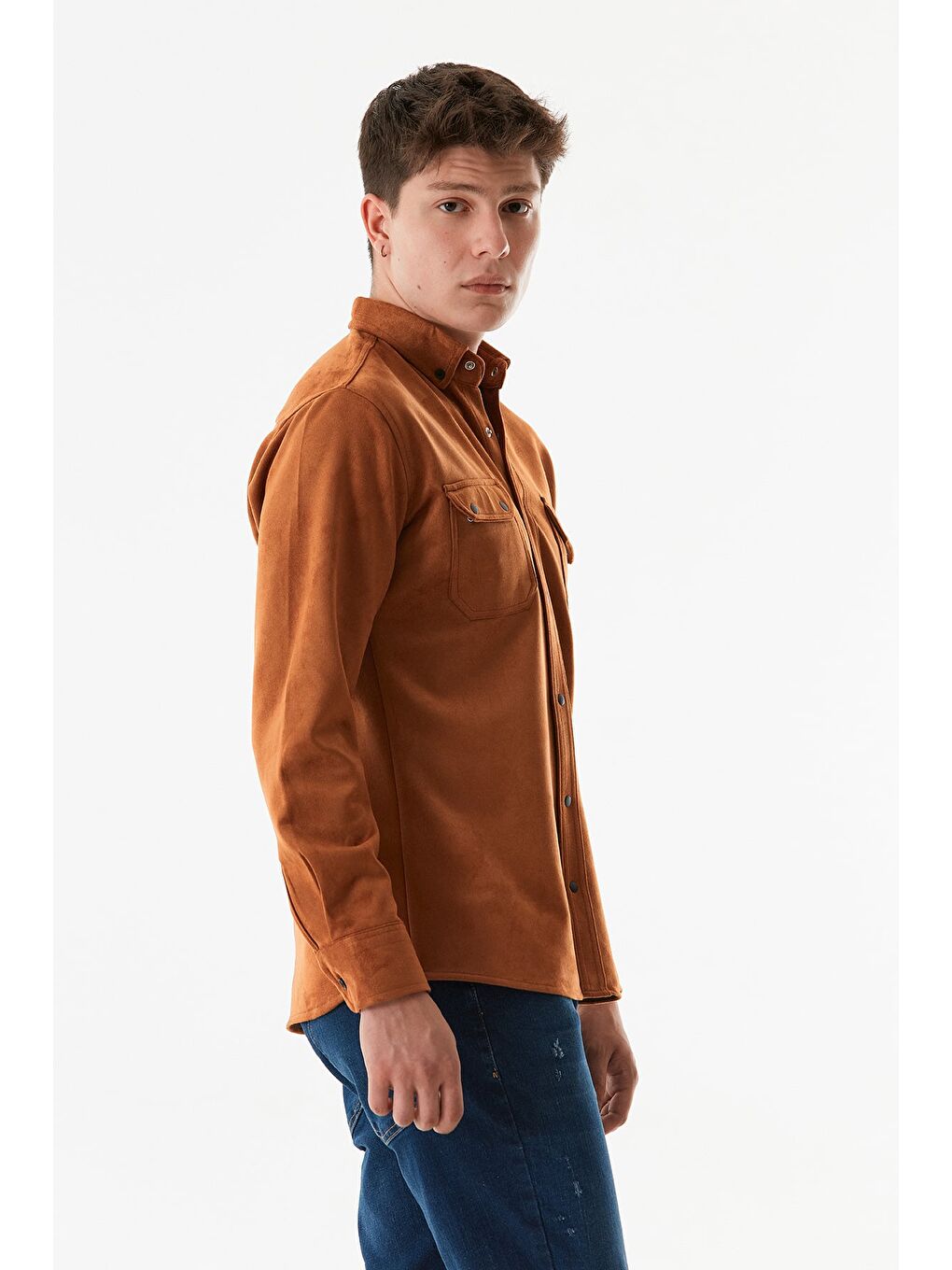 Kahverengi Süet Çift Cepli Çıtçıtlı Gömlek-4