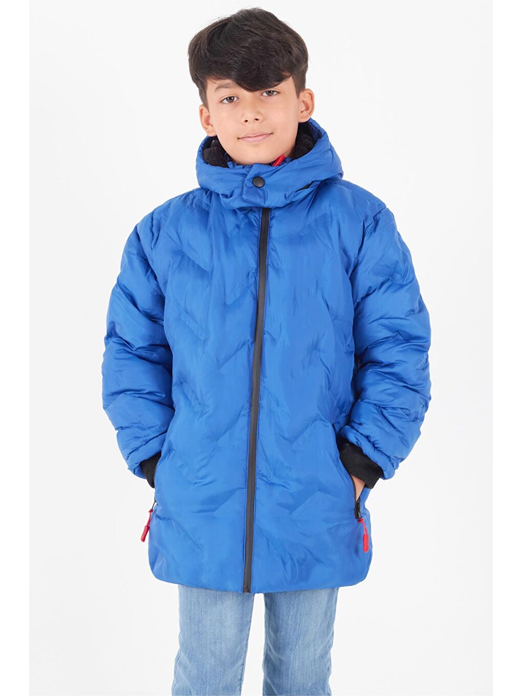 Mavi Erkek Çocuk Mont Çapraz Baskılı Kapüşonlu Şişme Mont 14539-2