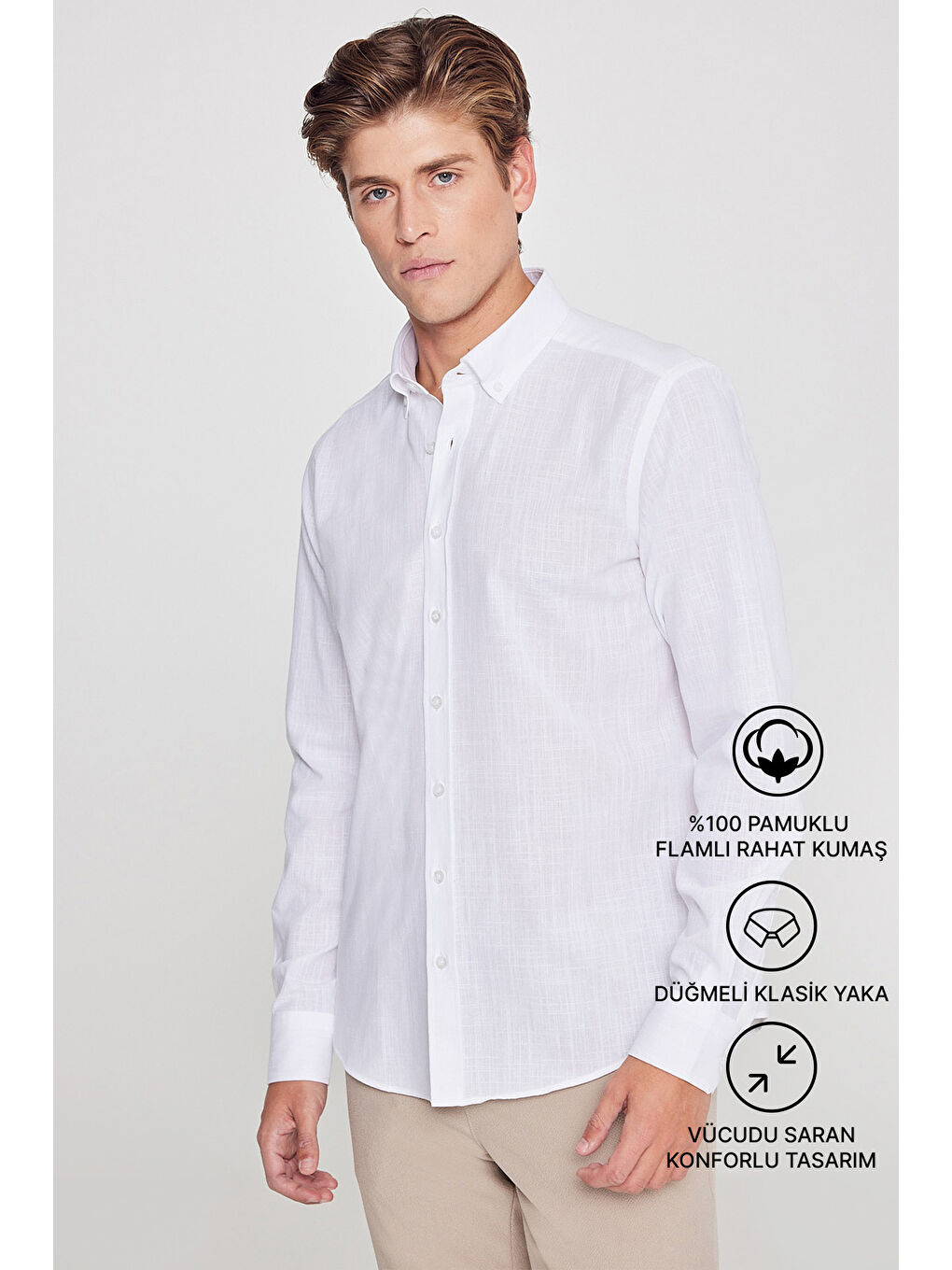Erkek Beyaz %100 Pamuk Oxford Slim Fit Dar Kesim Düğmeli Yaka Flamlı Gömlek-1