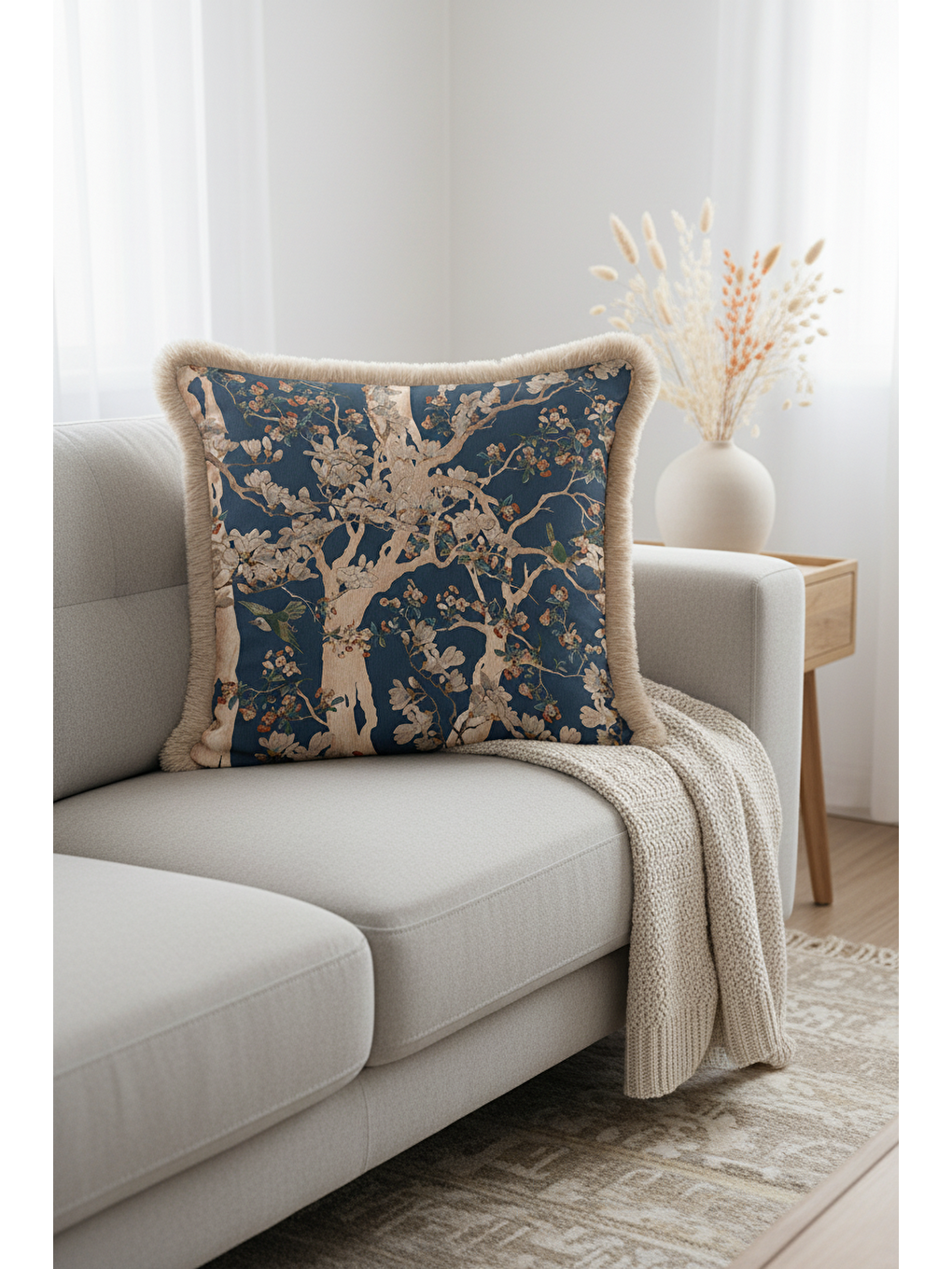 Karışık Lüks Çiçek Saçaklı Yastık Kılıfı - Sanatsal Doğa Temalı Klasik Lacivert Bej Püsküllü Kırlent Kılıfı-3