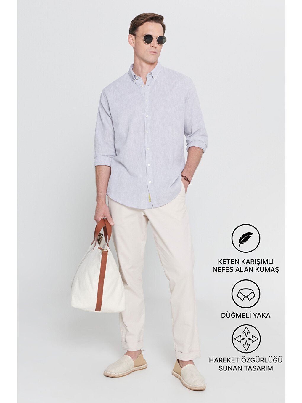 Erkek Gri Comfort Fit Rahat Kesim Düğmeli Yaka Casual Keten Gömlek