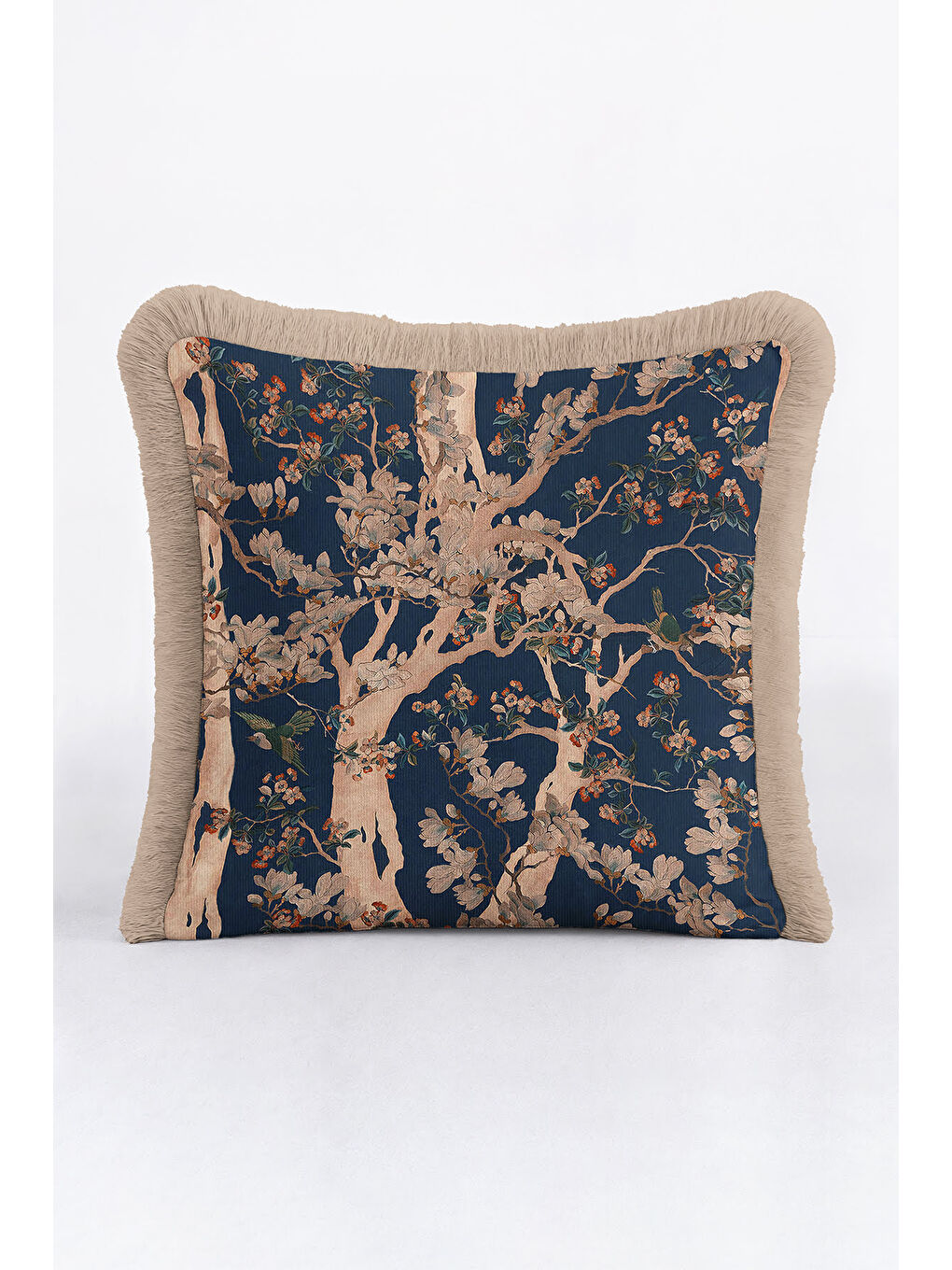Karışık Lüks Çiçek Saçaklı Yastık Kılıfı - Sanatsal Doğa Temalı Klasik Lacivert Bej Püsküllü Kırlent Kılıfı-4