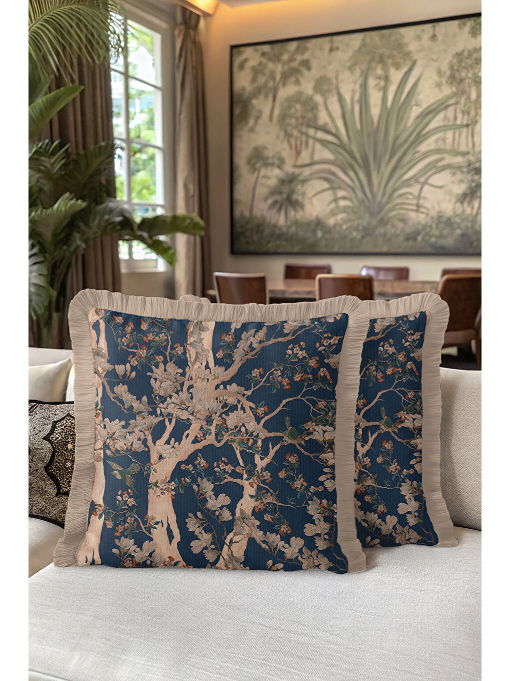 Karışık Lüks Çiçek Saçaklı Yastık Kılıfı - Sanatsal Doğa Temalı Klasik Lacivert Bej Püsküllü Kırlent Kılıfı-5